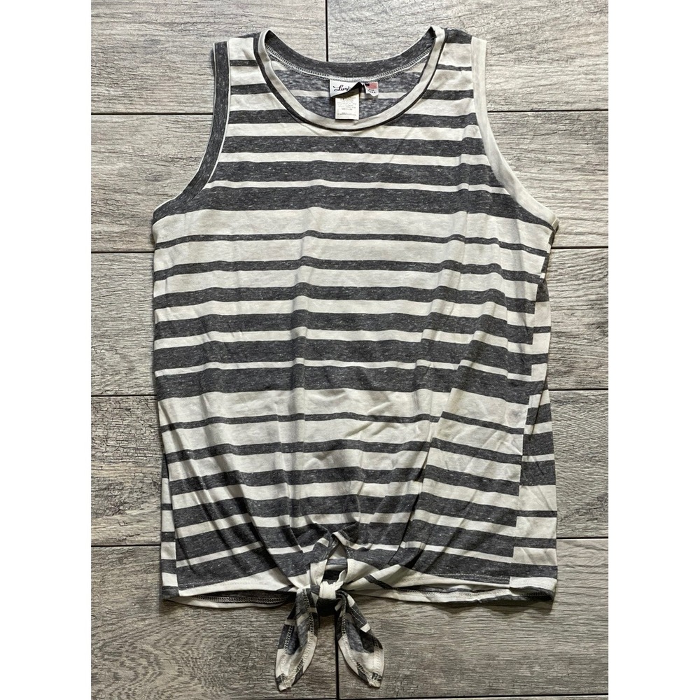 Livy‎ Lu Boutique brand Gray White Striped casual tank top front tie, Sz S, New